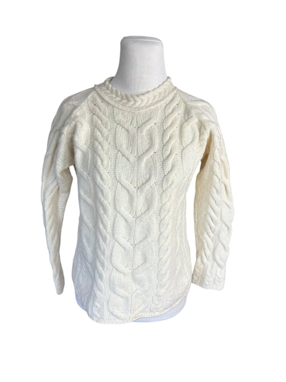 *Aran Woolen Mills Fisherman Sweater Womens Size S Ivory Soft Merino Cable Knit